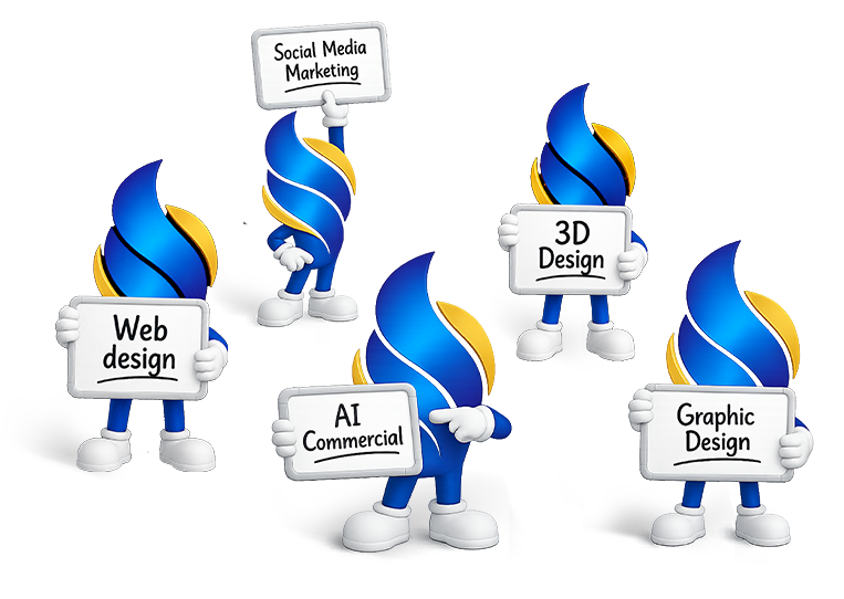 Swift Media mascots holding Web Design, Graphic Design, 3D Design, Social Media Marketing and AI Commercial boards — design agency in Gandhidham, Kutch